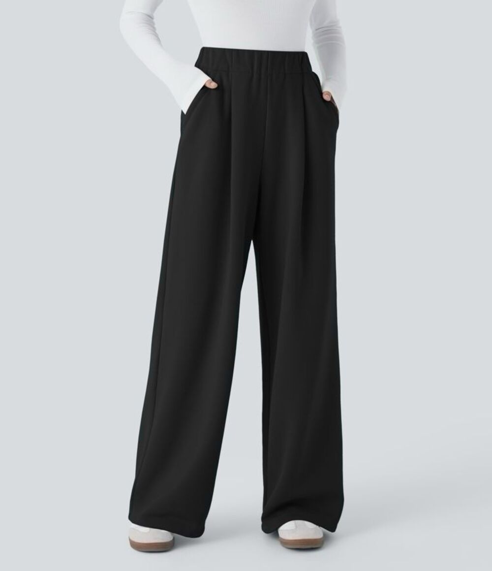 Halara High Waisted Wide Leg Pants M Petite Pleated Pockets Athleisure Black NWT